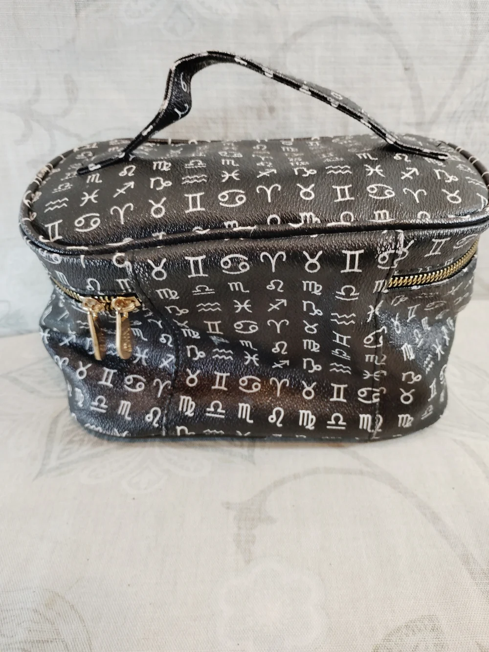 Black Zodiac-Print Cosmetic Travel Case with Top Handle